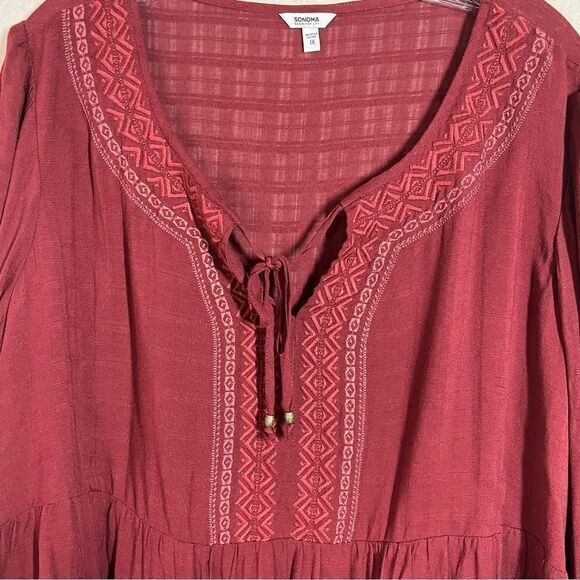 Sonoma Red Geometric Tie Neck Long Sleeves‎ Pleated Top Women's Plus Size 1X - Picture 3 of 7